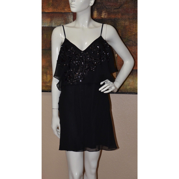 KAREN MILLEN Designer Black Party Cocktail Dress Sequin Frill Top Size 12 - Picture 3 of 9